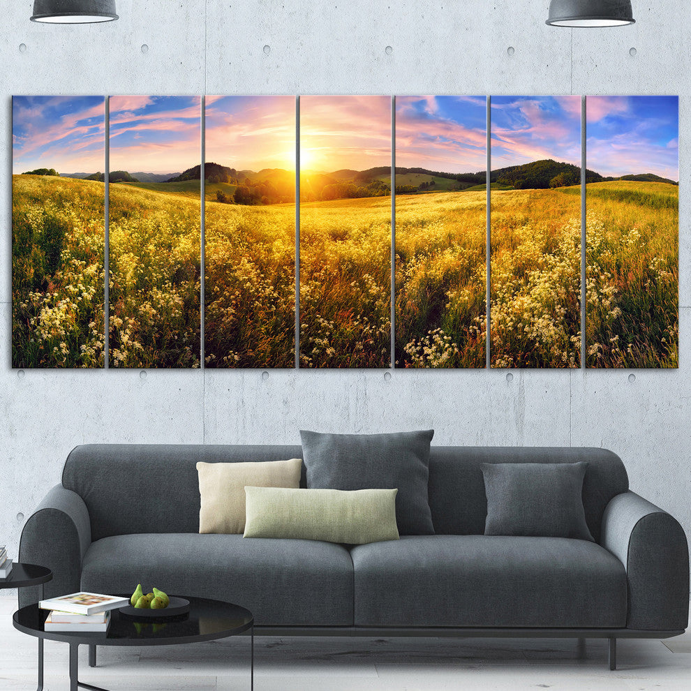 Beautiful Meadow Panorama, Landscape Canvas Art Print, 83"x32", 7 Panels