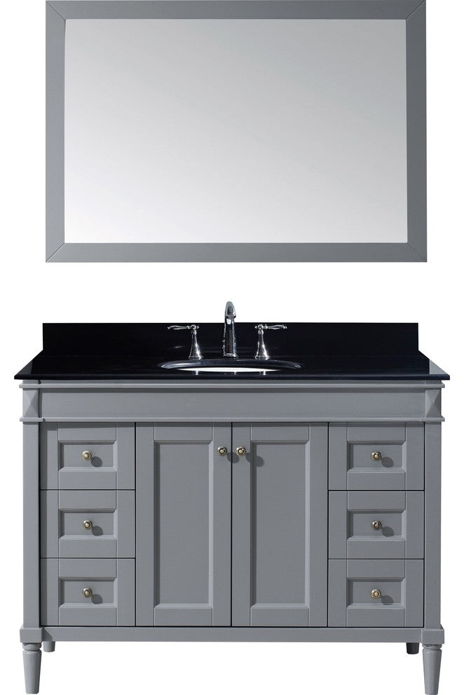 Virtu Tiffany 48" Single Bathroom Vanity, Gray, Black Granite Top, Mirror