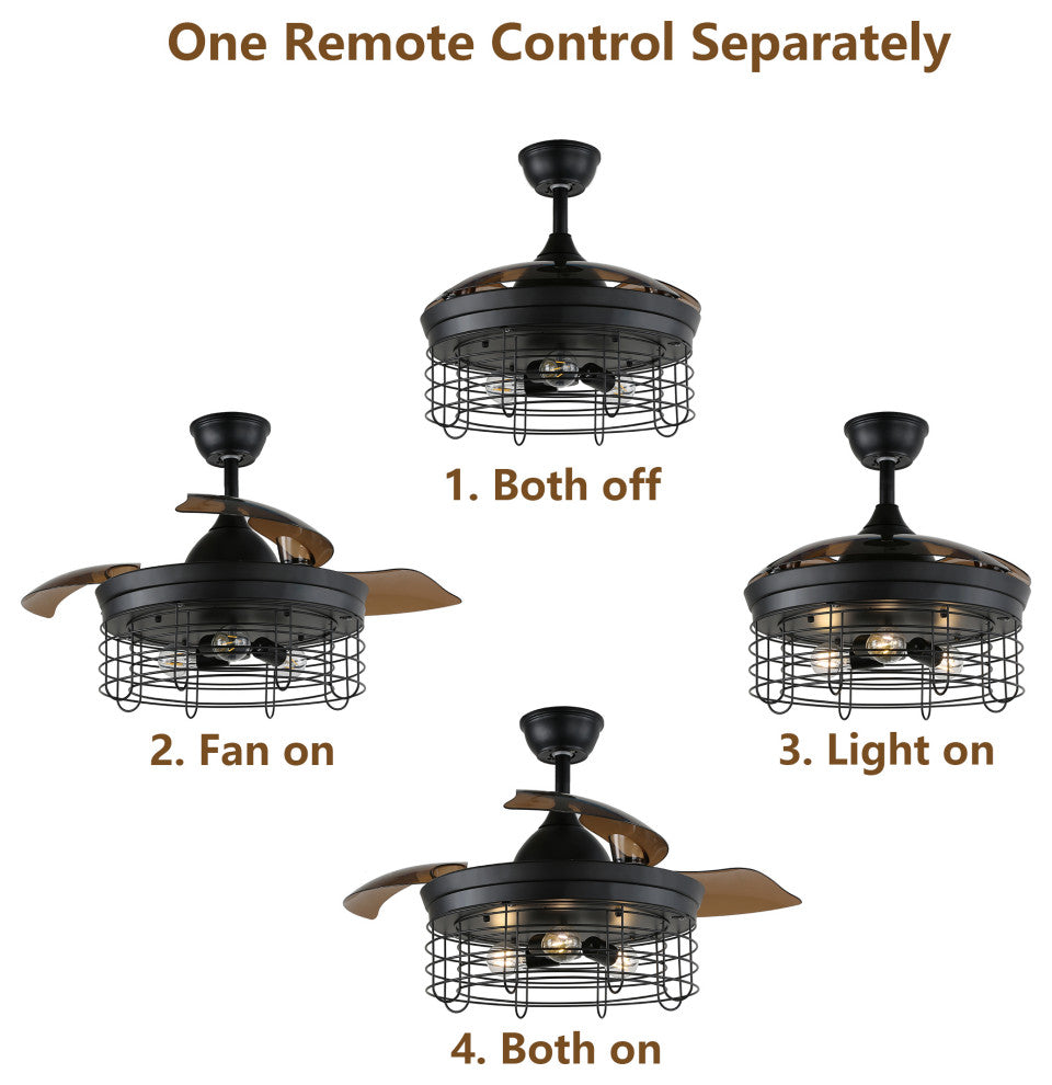 36" Black Industrial Retractable Ceiling Fan with Remote Control, Black