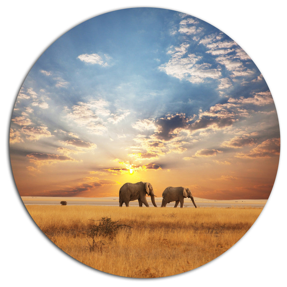 Elephants Walking Along River Bank, Animal Round Wall Art, 36"