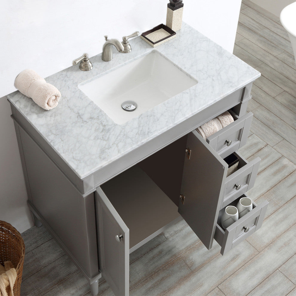Catania 36" Vanity in Grey with Carrara White Marble Countertop With Mirror