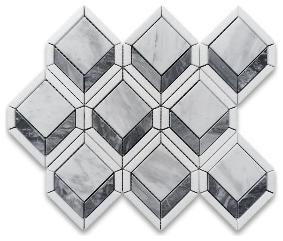 Carrara White Marble Illusion 3D Square Geometry Mosaic Tile White, 1 sheet