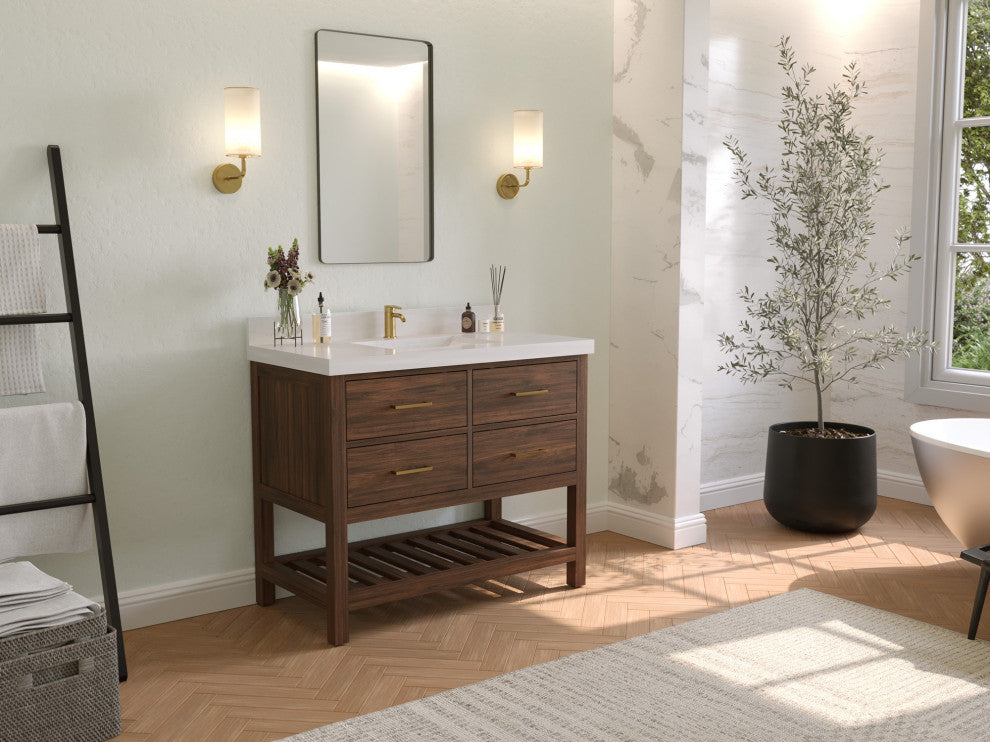 Parker Teak 42" Single Sink Bath Vanity in Dark Walnut 1.5" White Quartz
