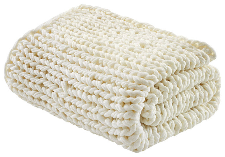 Madison Park Chunky Double Knit Handmade Throw Blanket, Blush, Ivory