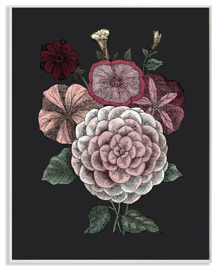 Pink Flowers On Black Drawing Design, 13"x19"