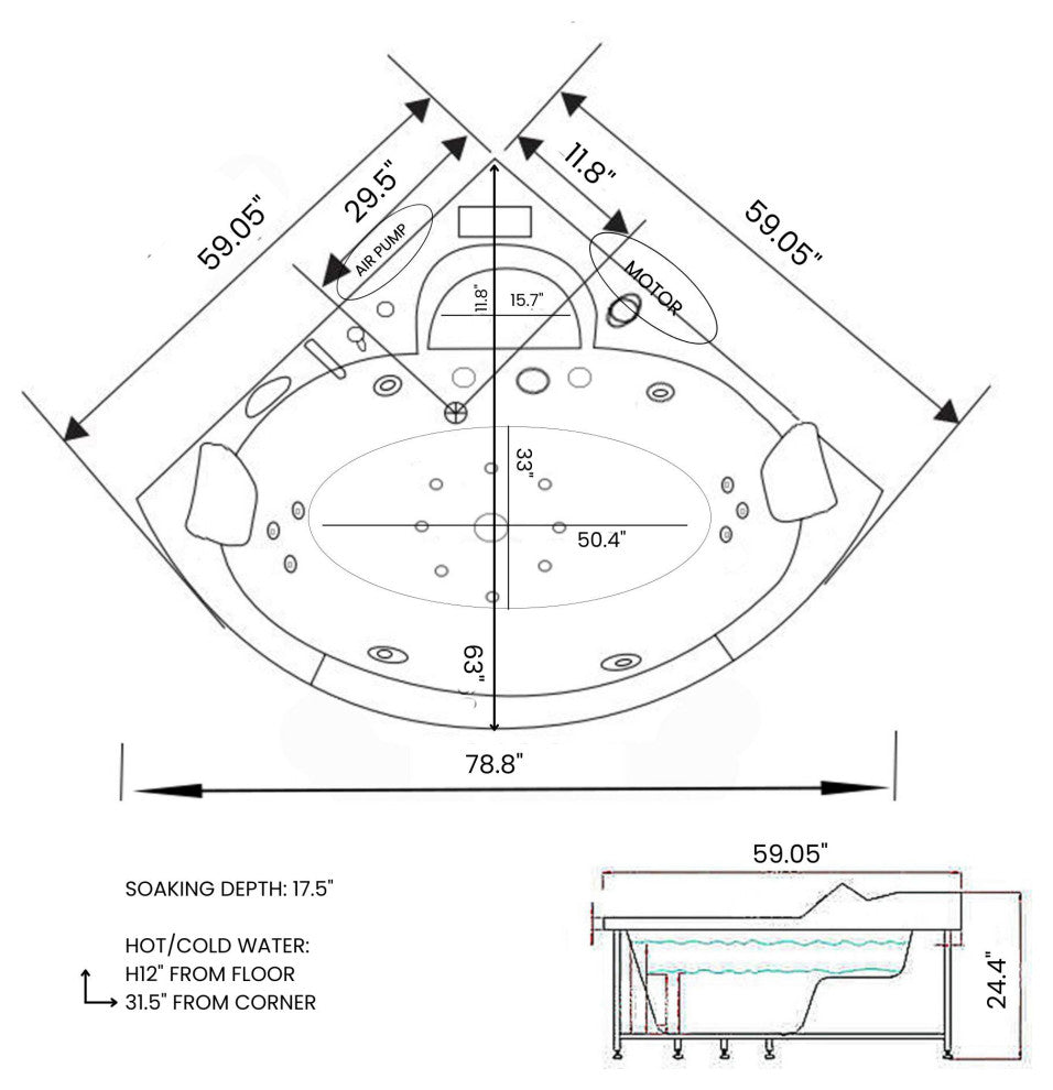Hot Tub Black 59"x59" Double Pump Heater, Majestic