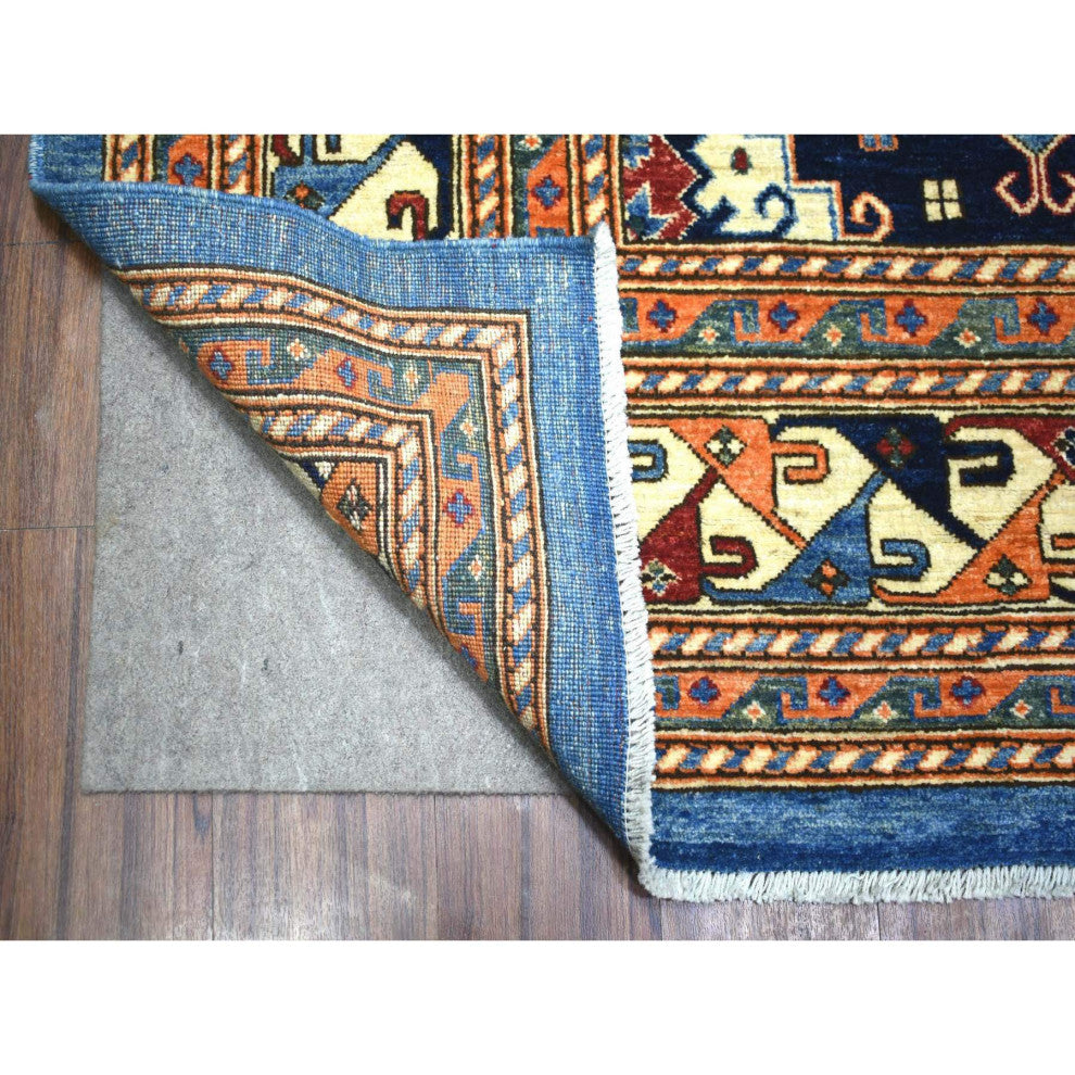 Blue Afghan Ersari With Large Elements Soft Wool Hand Knotted Rug, 9'2"x11'10"