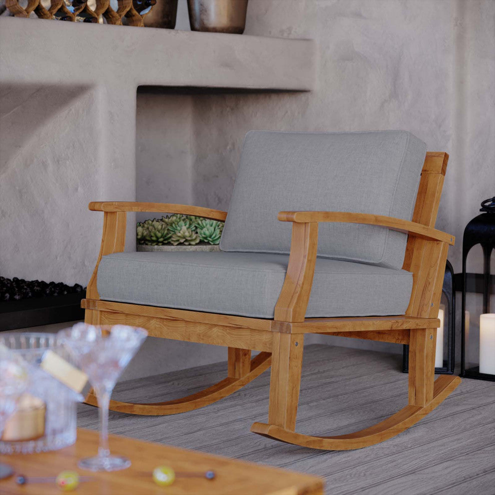 Lounge Rocking Chair, Wood, Brown Natural Gray, Modern, Outdoor Patio