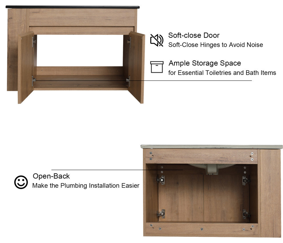 30 inch Wood Wall-Mounted Bathroom Vanity Set with Integrated Resin Sink, Imitative Oakï¼Œblack
