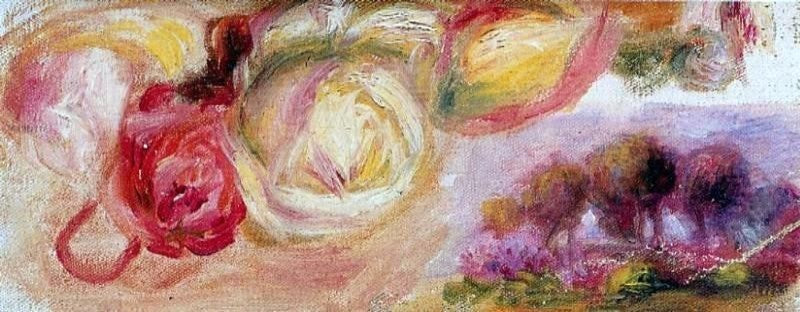 Pierre Auguste Renoir Roses With a Landscape, 15"x30" Wall Decal