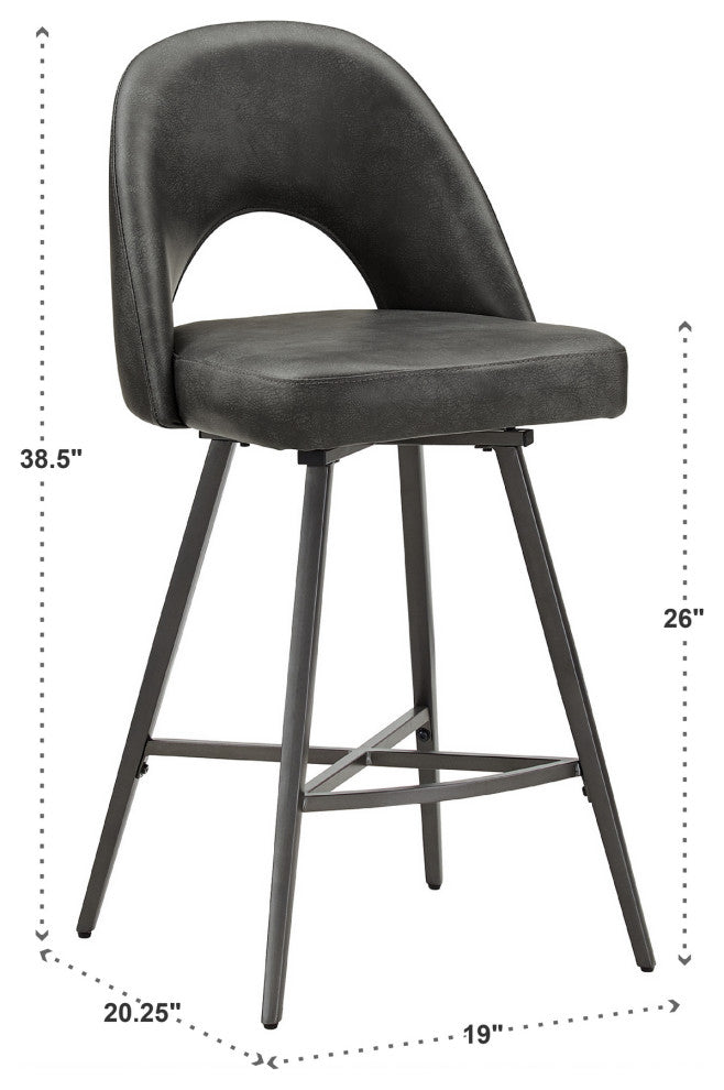 Tierno 24" Counter Height Metal Swivel Stools, Set of 2, Dark Grey PU Leather