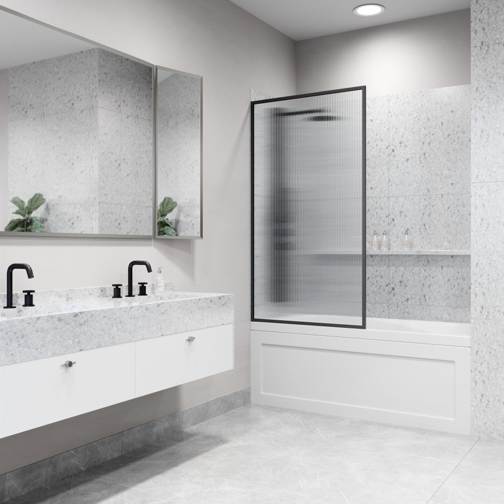 VIGO Meridian Framed Fixed, Matte Black, Tub Screen, 34" W X 62" H, Fluted Glass