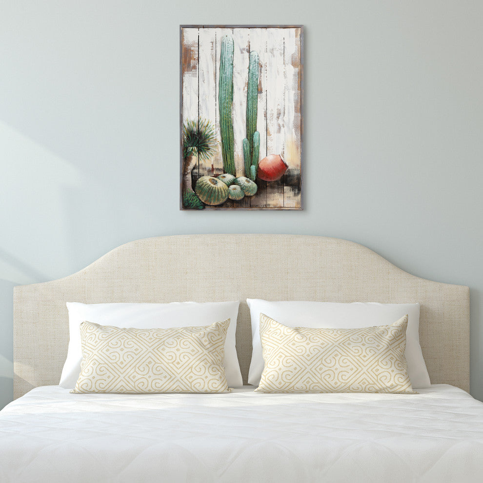 "Cacti" Metal Wall Art Hand Painted on Rugged Wooden Blocks Wall Sculpture