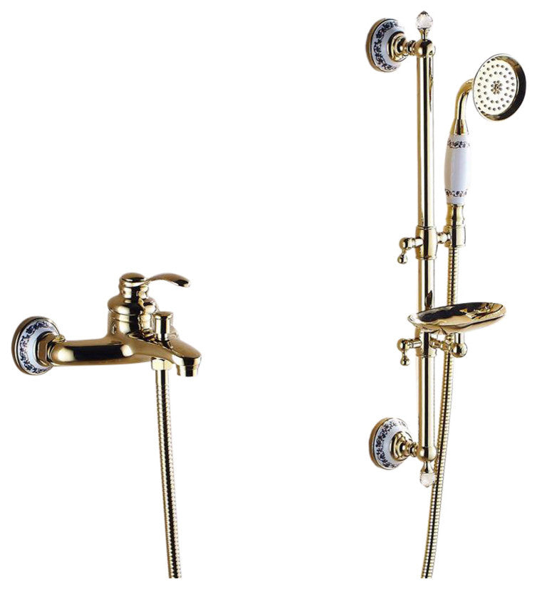 Sassari Wall Mounted Gold Brass Shower Set With Soap Dish, Gold