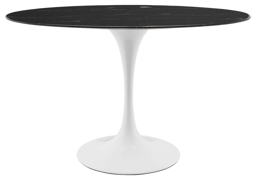 48" Dining Table, Oval, Black White, Artificial Marble, Metal, Modern