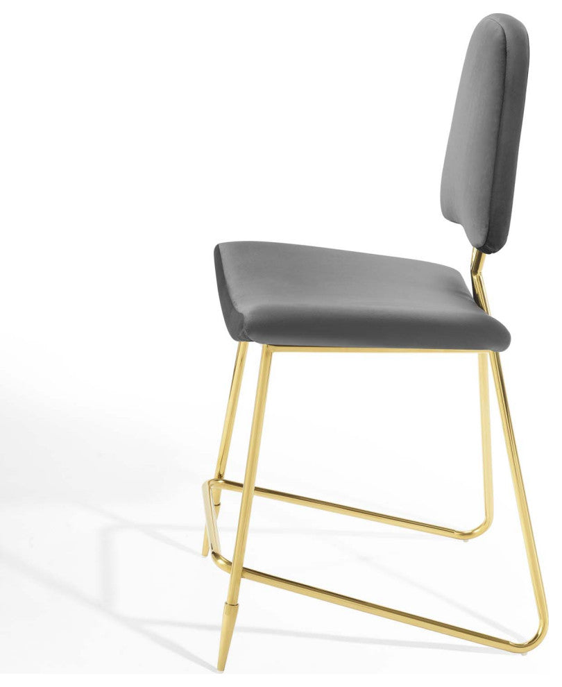 Counter Stool Chair, Set of 2, Velvet, Metal, Gray, Modern, Bar Pub Bistro