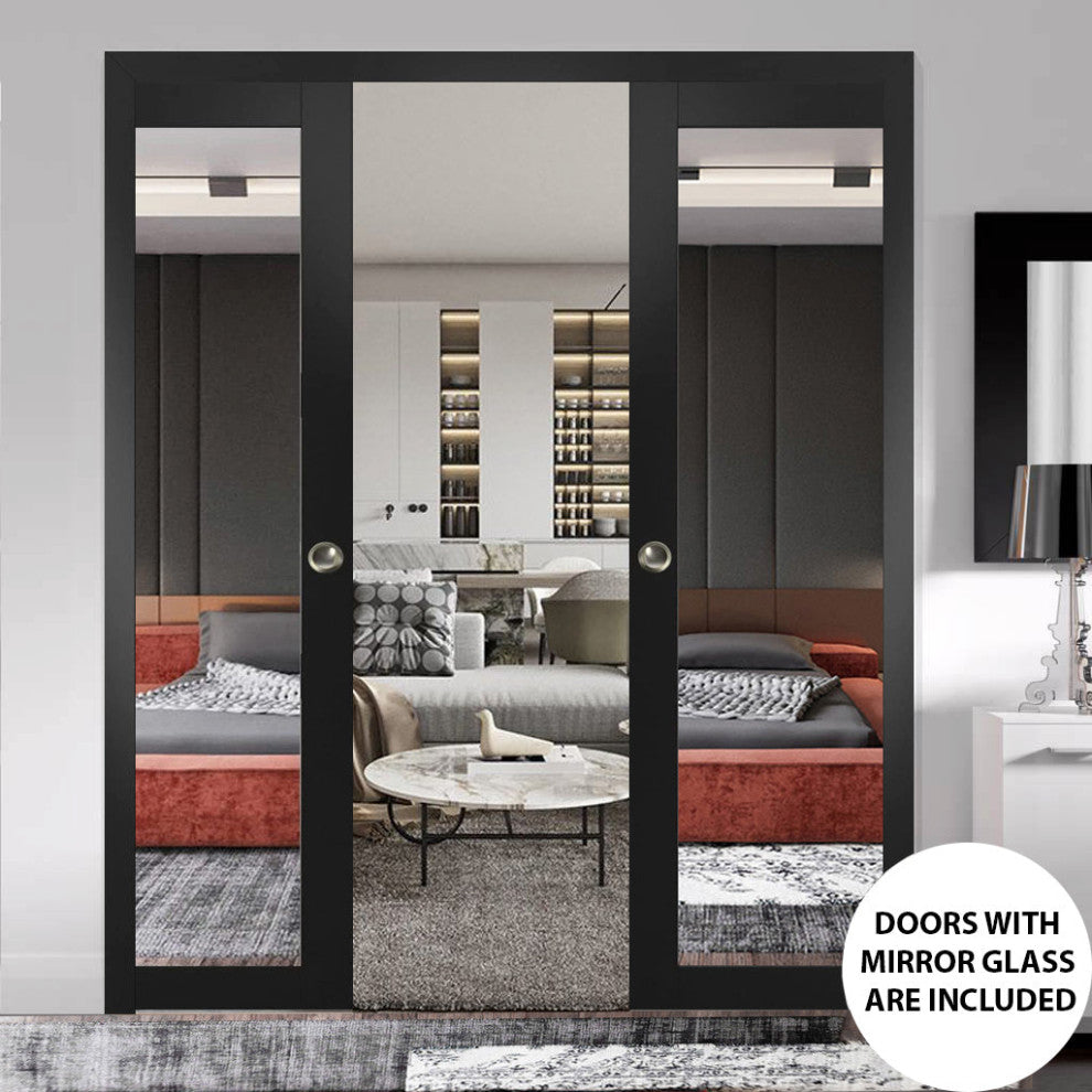 Sliding Interior Double Pocket Doors|Lucia 1299 Matte Black|Mirror 56x80