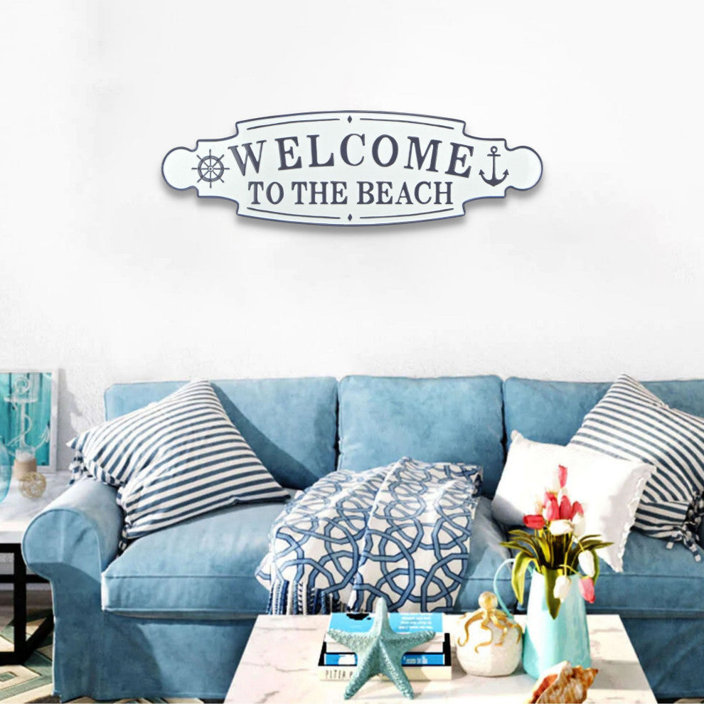 White and Blue Lacquered Finish Wall Sign, Welcome to the Beach