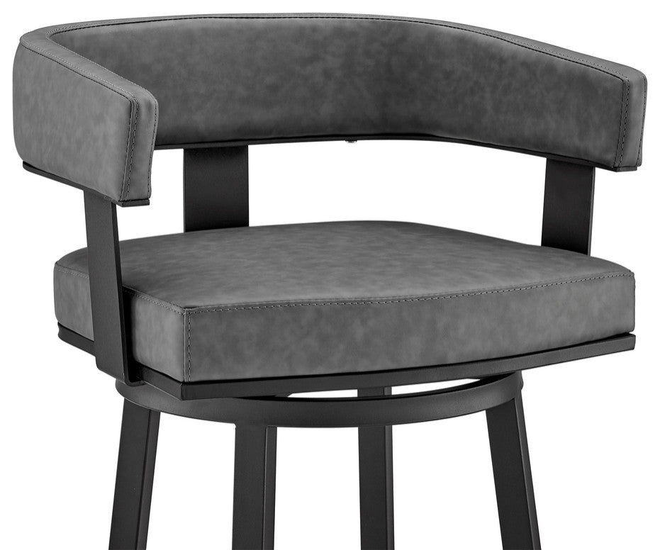 34" Gray Faux Leather And Iron Swivel Low Back Counter Height Bar Chair