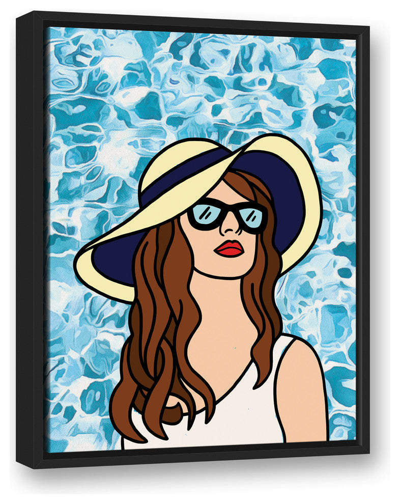 Woman At The Pool 18x24 Black Floating Framed Canvas
