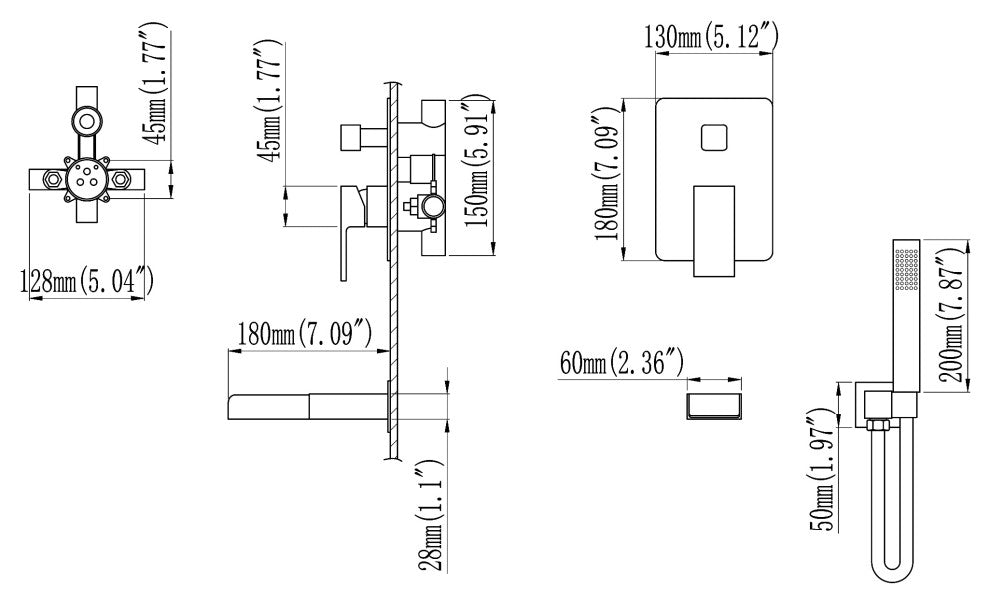 Modern Wall Mounted Dual Handle Bathtub Faucet with Hand Shower, Brushed Gold