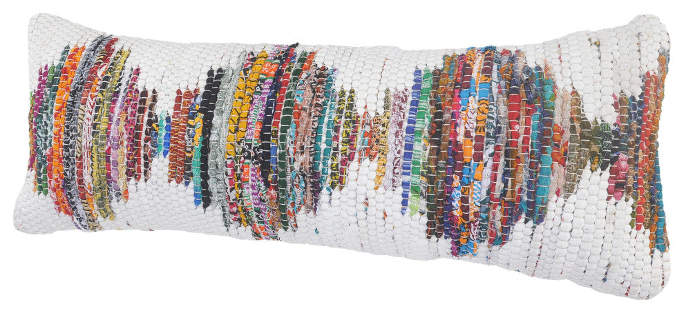 White and Multicolored Chindi Geometric Throw Pillow, 14" X 36"
