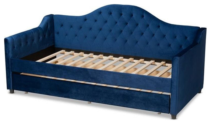 Perry Royal Blue Velvet and Button Tufted Twin Size Daybed With Trundle