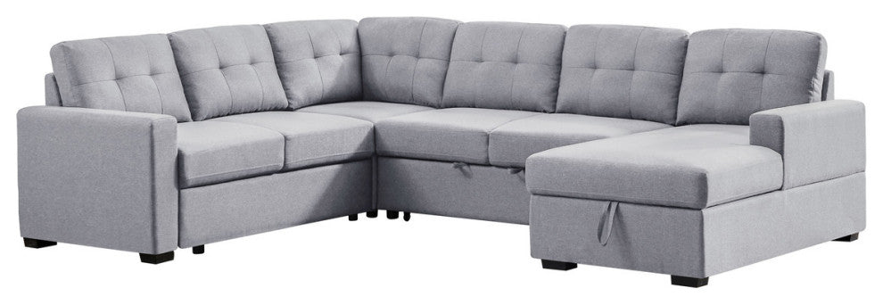 Selene Light Gray Linen Fabric Sleeper Sectional Sofa With Storage Chaise