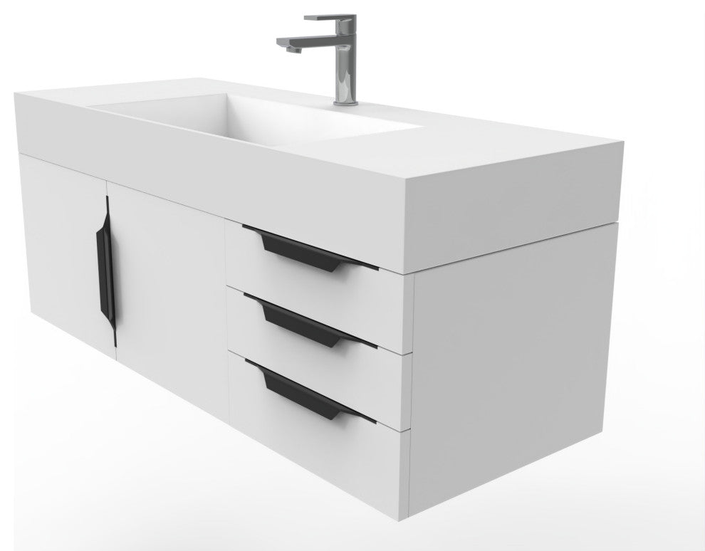 CastelloUSA Amazon 48" Wall Mounted Vanity Set, White, White Top, Black Handles