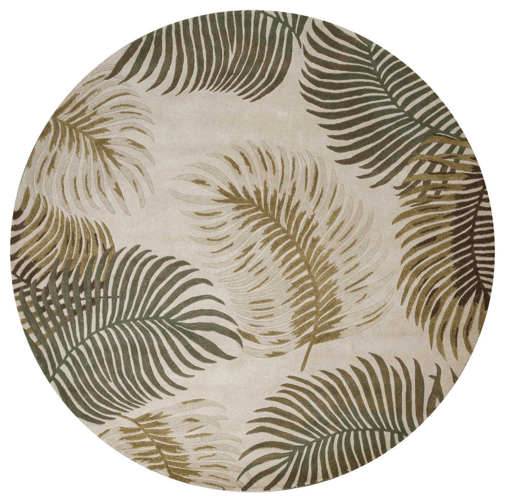 8' Natural Beige Hand Tufted Tropical Leaves Round Indoor Area Rug