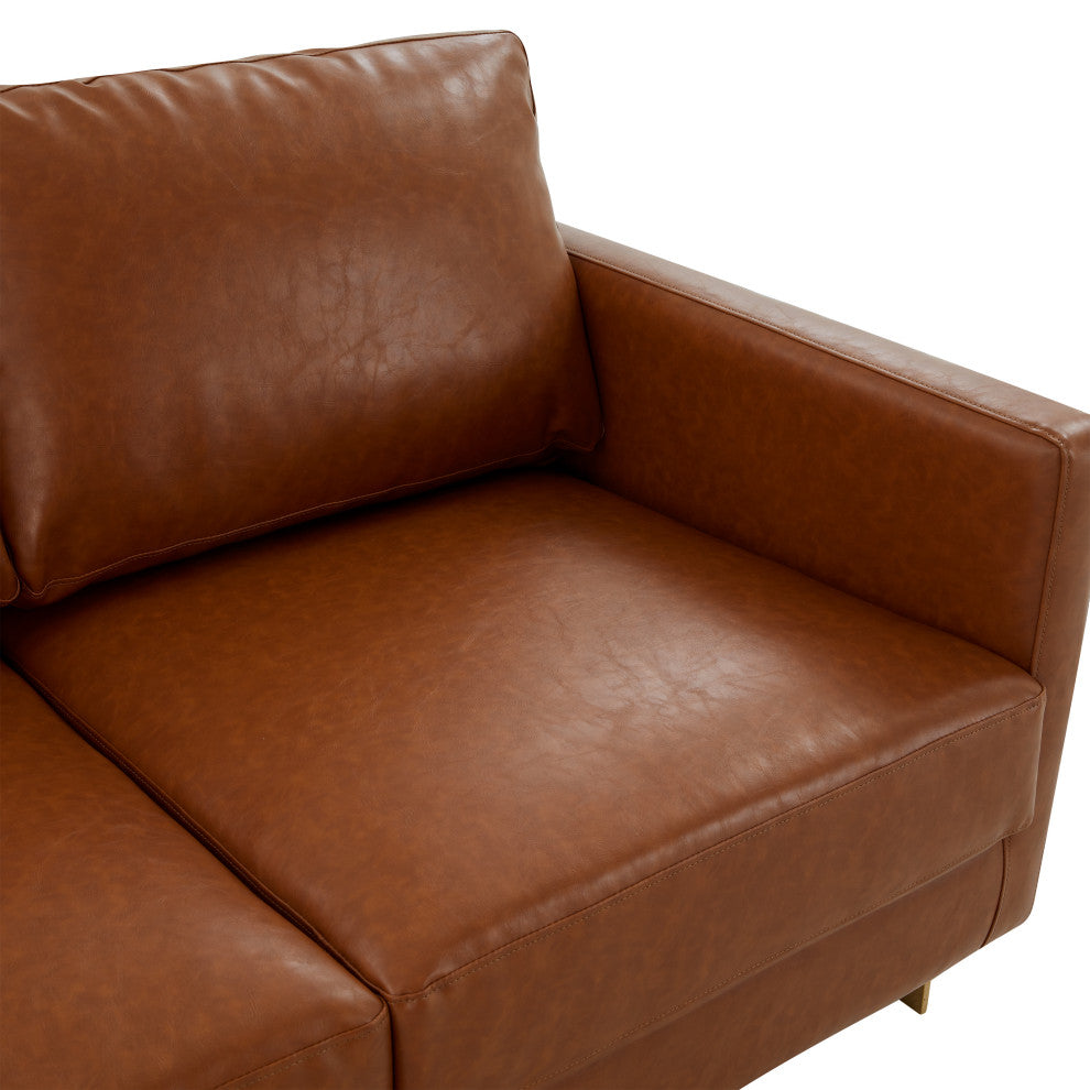 LeisureMod LA55BR-L Lincoln tan Modern Mid-Century Leather Loveseat Gold Frame