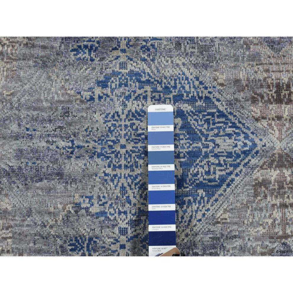 Blue Silk with Wool Erased Rosette Design Hand Knotted Runner Rug 2'6" x 6'