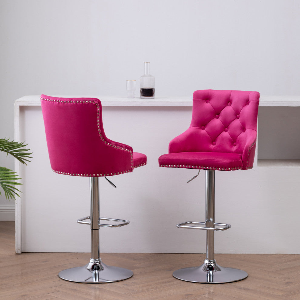 Upholstered 25"-33" Adjustable High Back Dining Stools Set of 2, Pink