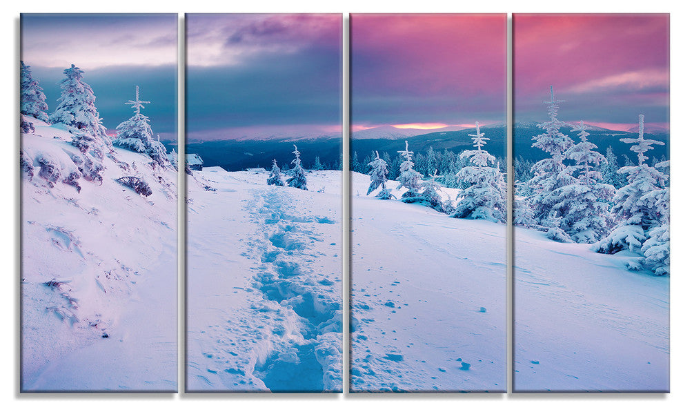 Beautiful Sunrise over Winter Mountains, Landscape Canvas Art, 48"x28", 4 Panels