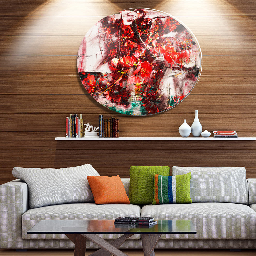 Red Flowers Abstract Background, Abstract Disc Metal Artwork, 11"