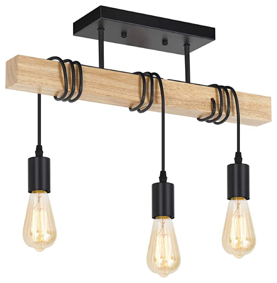 3-Light wood ceiling light Black rustic kitchen light fixtures farmhouse light