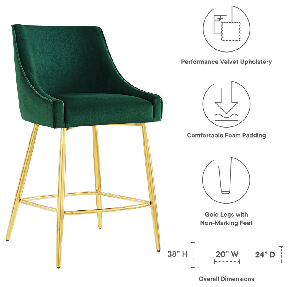 Counter Stool Chair, Green, Velvet, Modern Bar Pub Cafe Bistro Lounge Dining