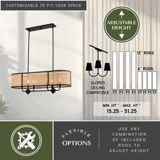 Berens Matte Black Farmhouse Chandelier Island Pendant Light Fixture Rattan Cane