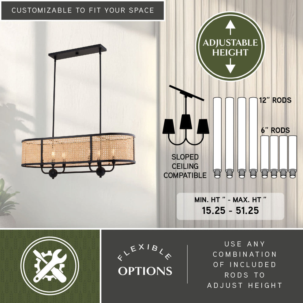 Berens Matte Black Farmhouse Chandelier Island Pendant Light Fixture Rattan Cane