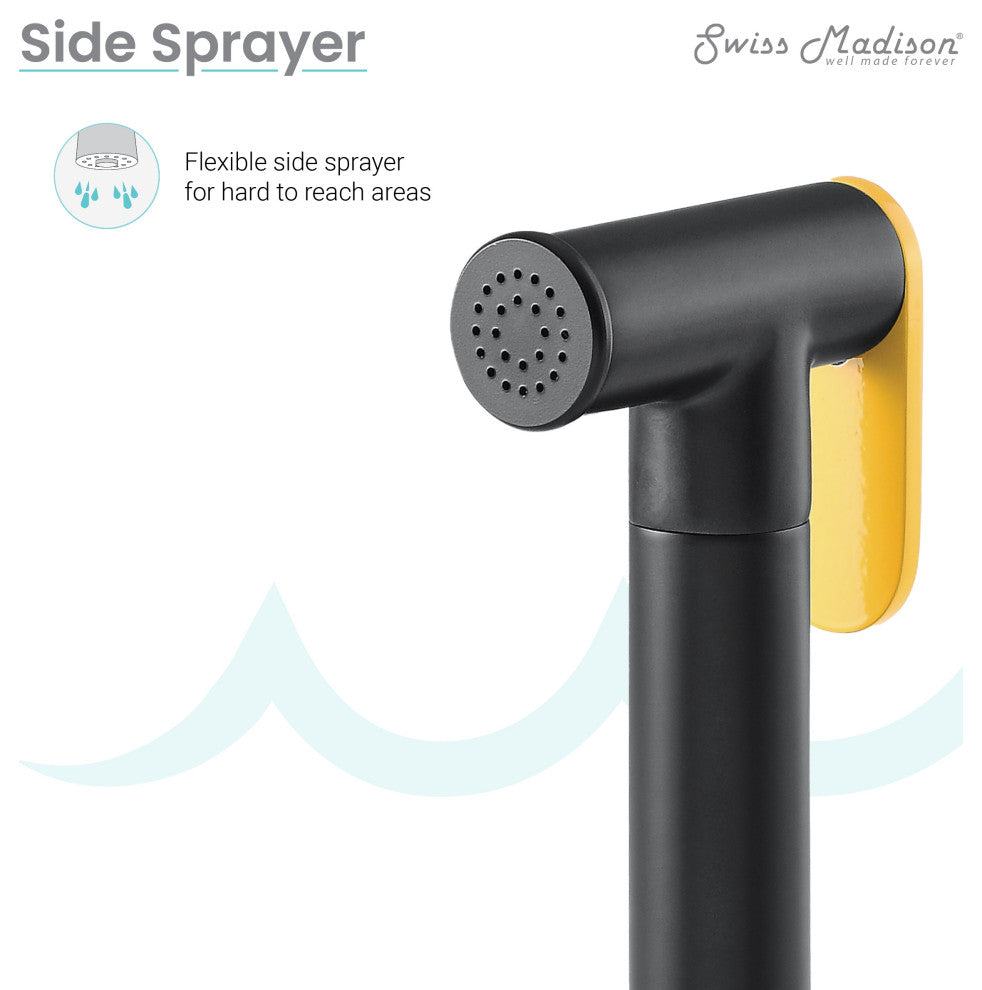 Avallon Pro Widespread Kitchen Faucet With Side Sprayer, Matte Black/Yellow