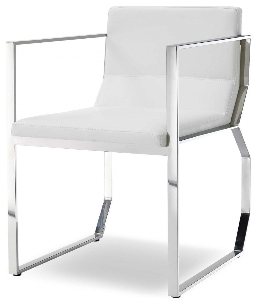 Dining Armchair White Faux Leather Polished Stainless Steel Frame