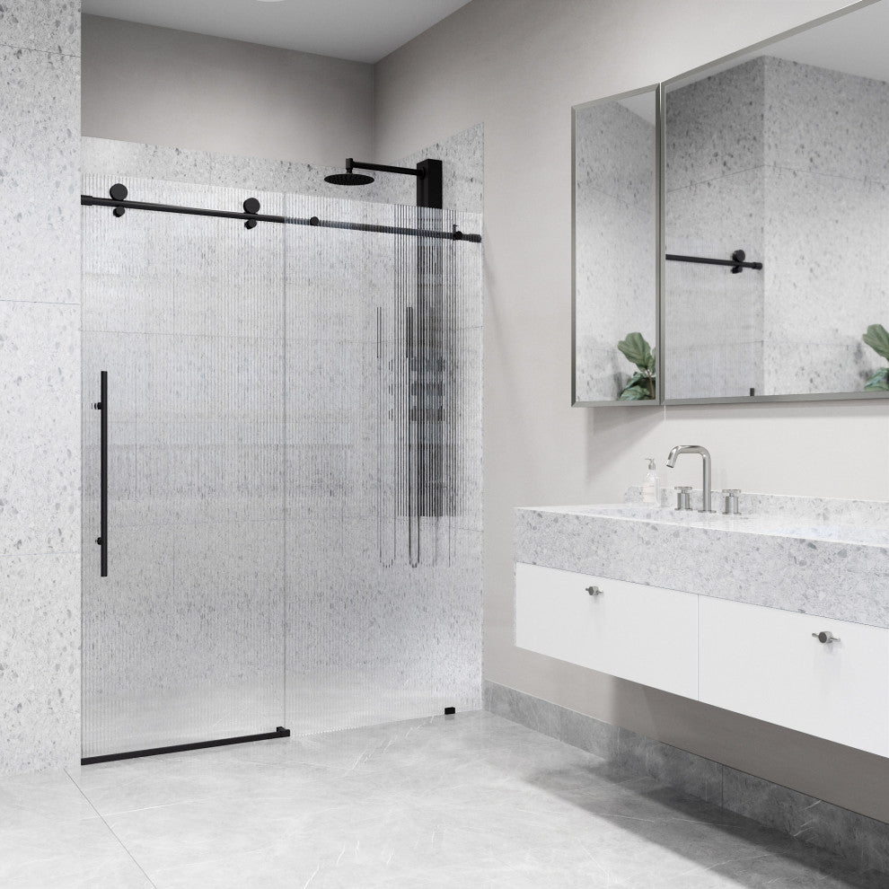 VIGO Elan E-Class 56" to 60" W x 76" H Frameless Sliding Shower Door, Matte Black, Fluted Glass, Left