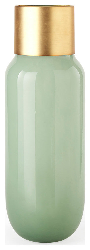 Minty Green Glass With Gold Metal Top Vase, 17"