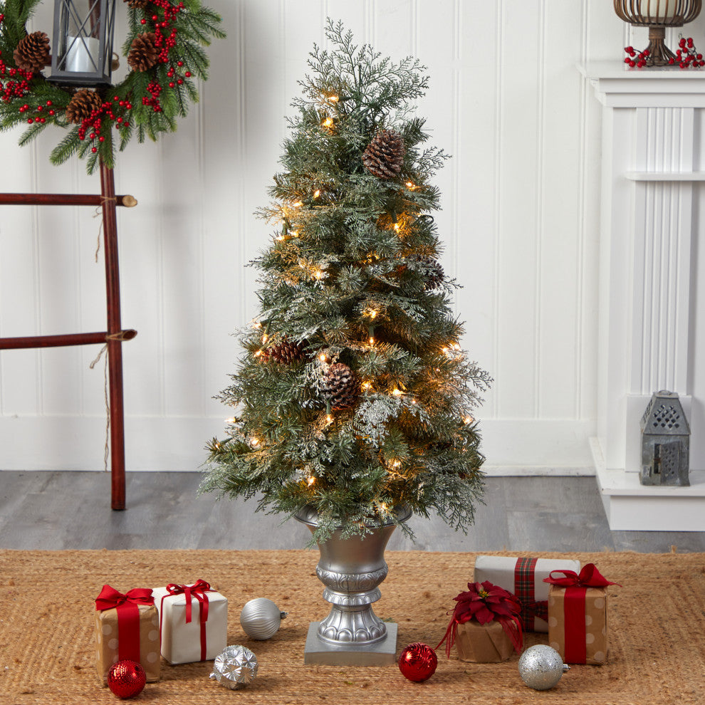 4' English Pine Faux Xmas Tree W/ 100 White Lights & 413 Bendable Branches, Urn