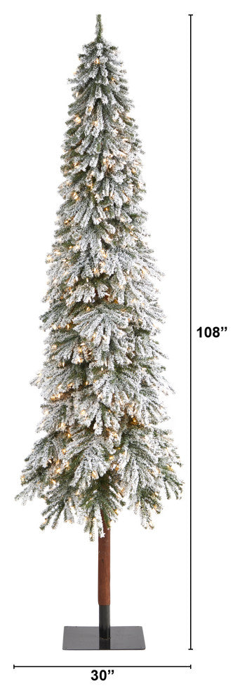 9' Flocked Grand Alpine Faux Xmas Tree W/Lights & Natural Trunk