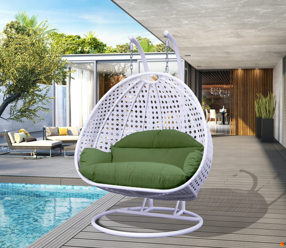 2 Person White Wicker Double Hanging Egg Swing Chair, Dark Green