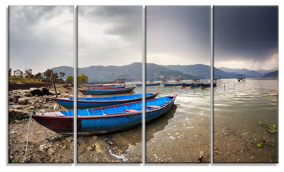 Blue Boats in Pokhara Lake, Boat Canvas Art Print, 48"x28", 4 Panels
