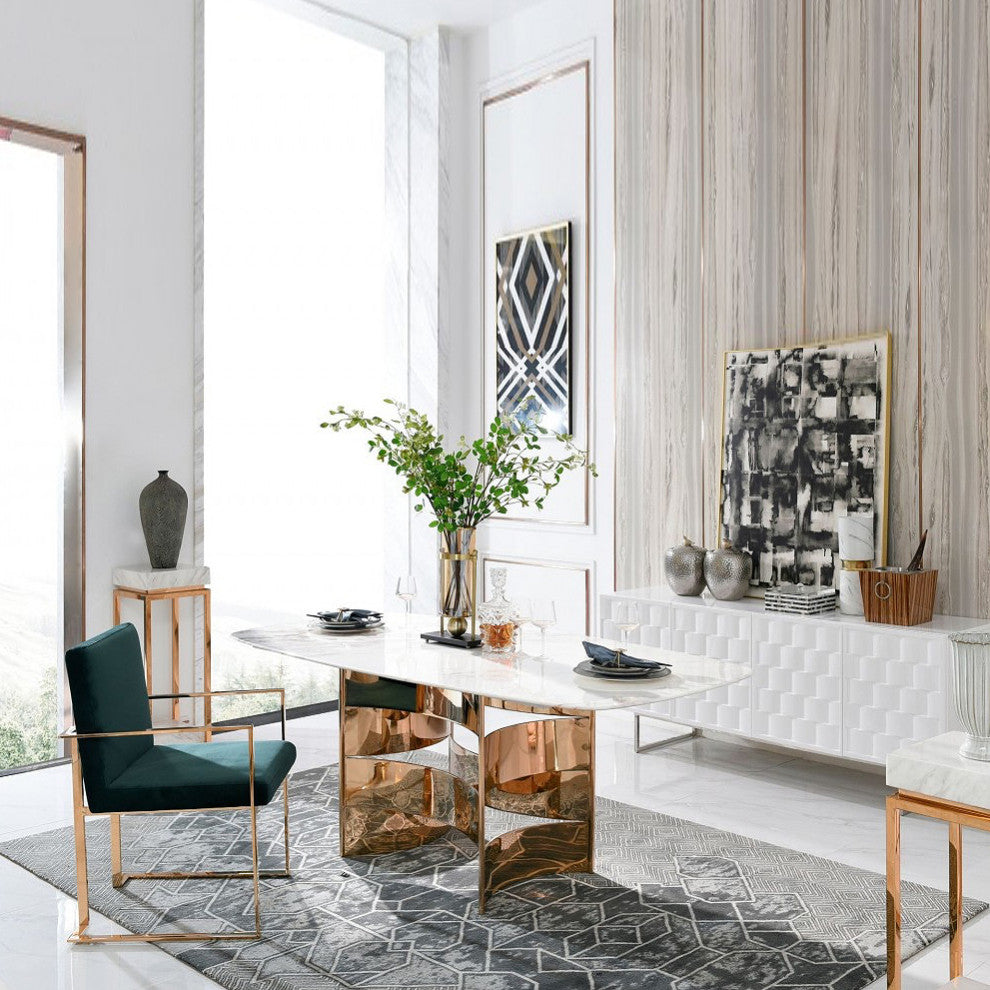 87" White Marble Dining Table, Hollywood Regency Glam Luxe Copper Rosegold Table