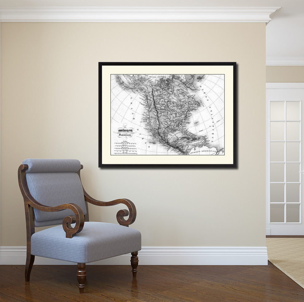 North America Canada Mexico Vintage B&W Map Canvas Print, 28"x37"