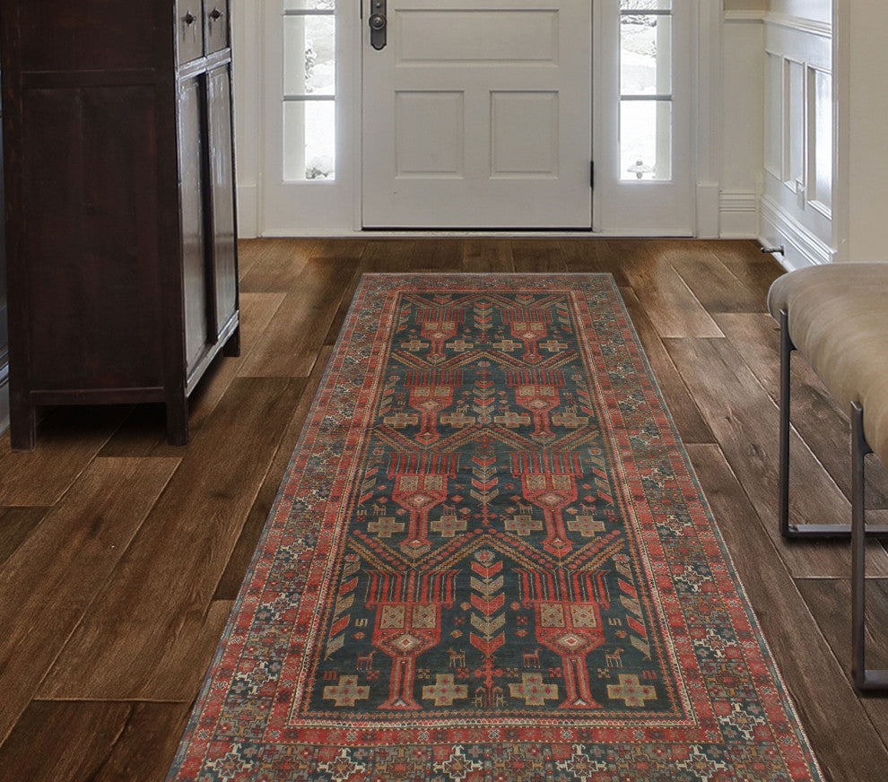Semi-Antique Kasen Charcoal/Rust Runner, 3'8x9'4